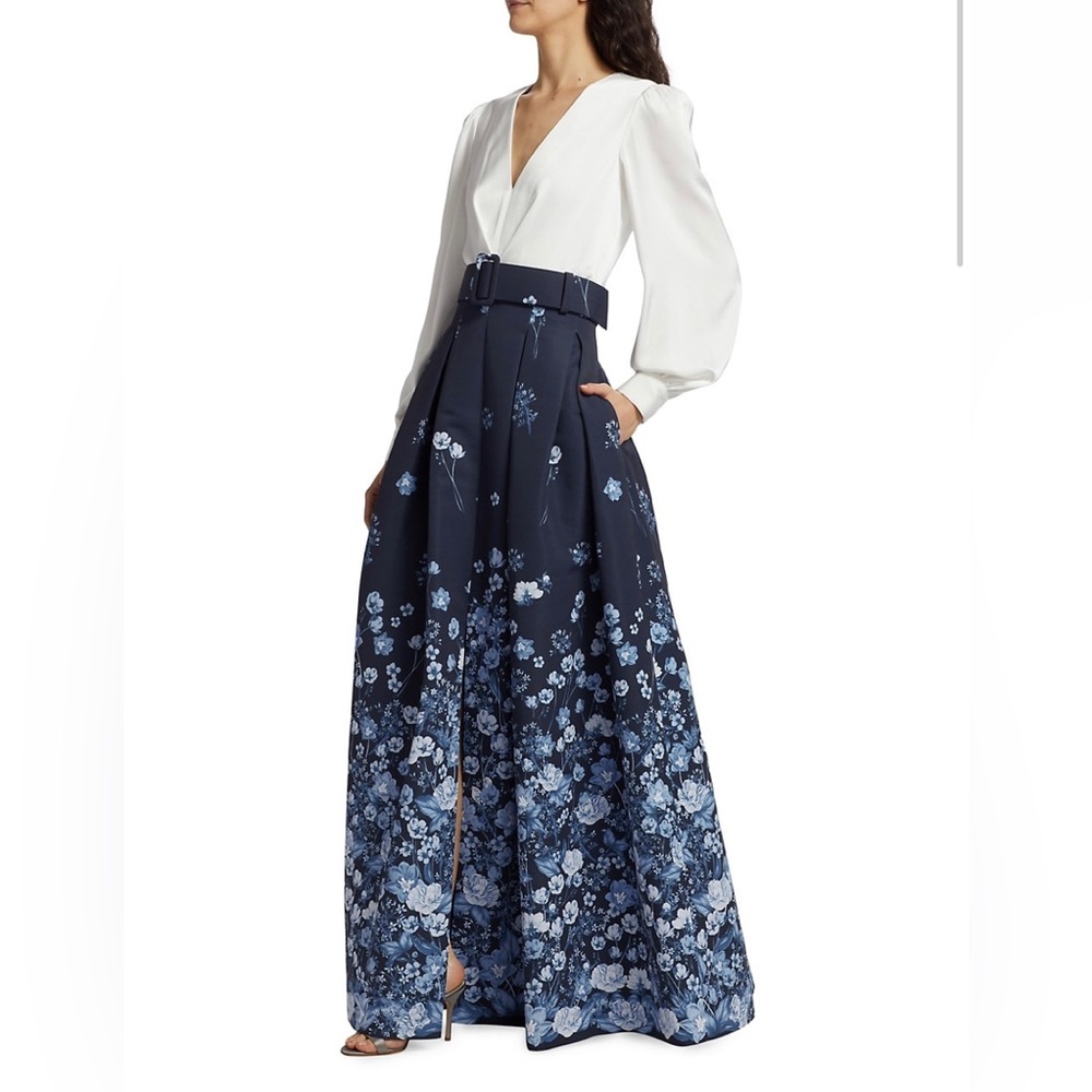 Sachin + Babi Navy and White Floral Long Dress with Belted Waist - Picture 4 of 13